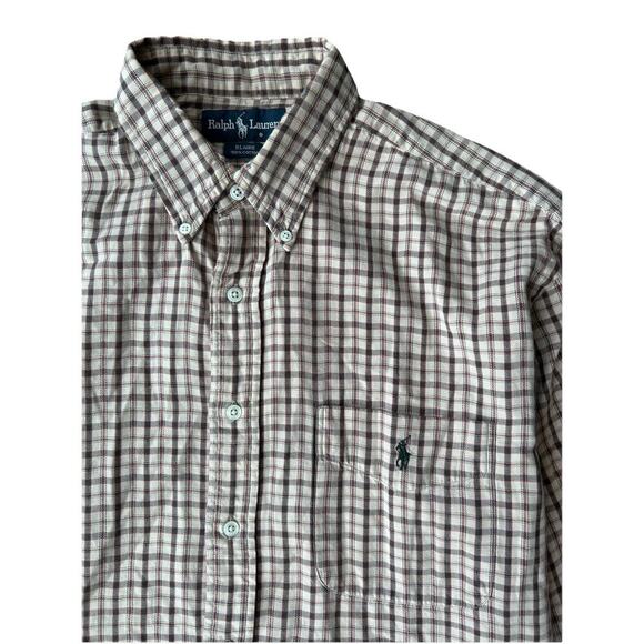 Men’s Ralph Lauren Blaire Green Tan Red Plaid Long Sleeve Cotton Polo Size L - Picture 2 of 5